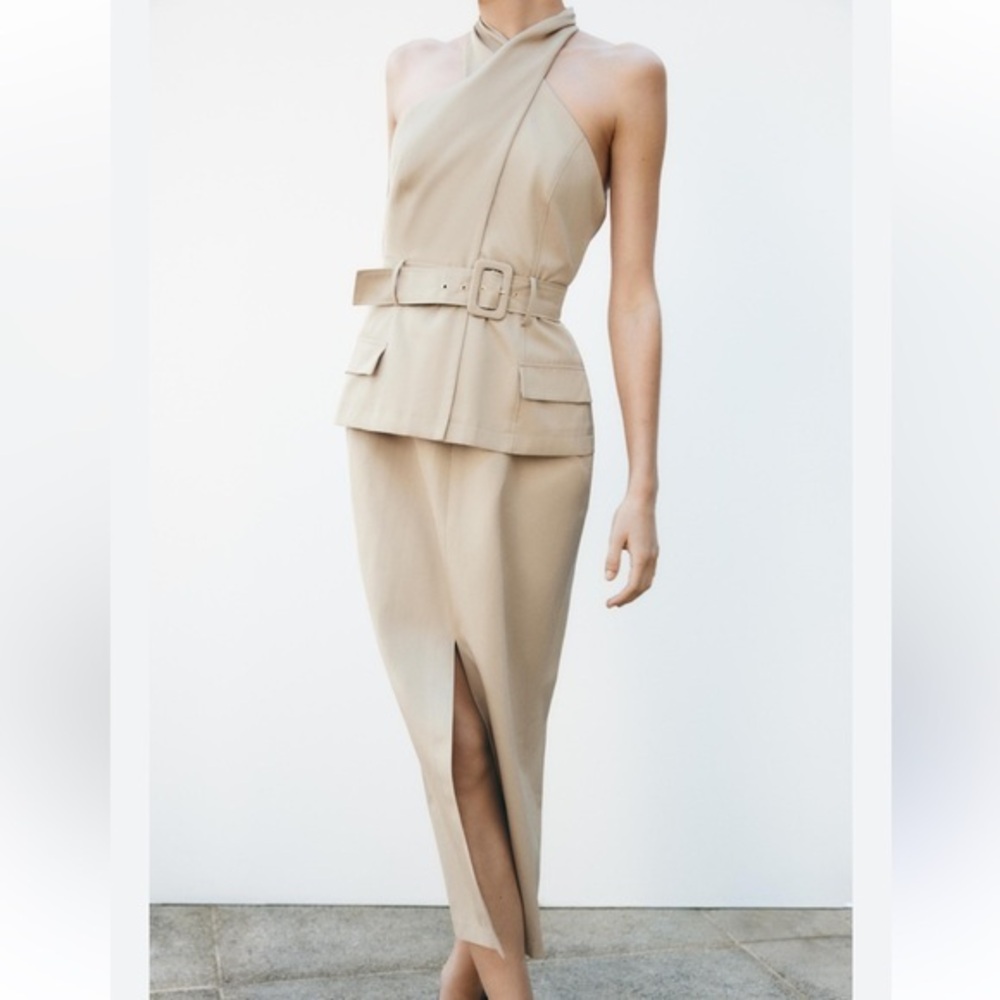 Zara Crossover Halter Neck Midi Dress Taupe Brown Size Small